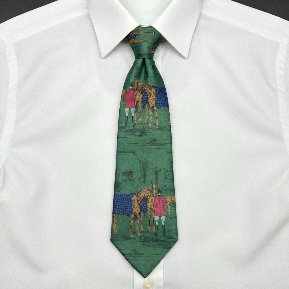 Polo Ralph Lauren Equestrian Horse Riding Scene Green Silk Tie Handmade USA 3.5"
